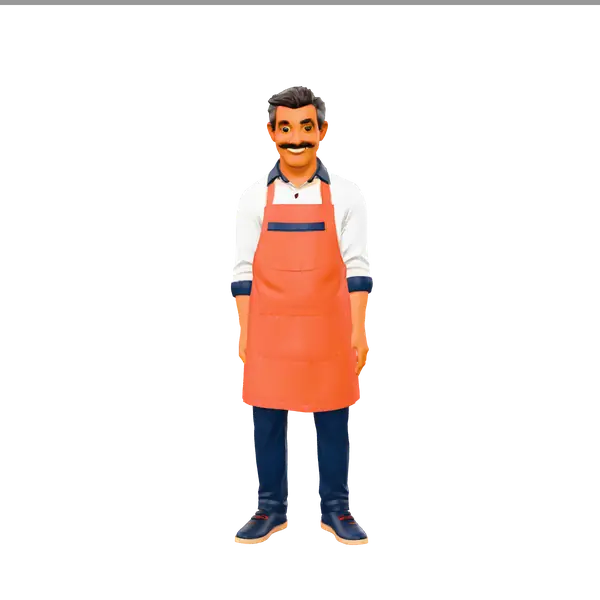 Personagem lojista em 3D acenando atrás do balcão